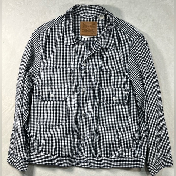 Levi’s XL Premium Cotton Canvas Gingham Check Button Bomber Trucker Biker Coat - Picture 1 of 15